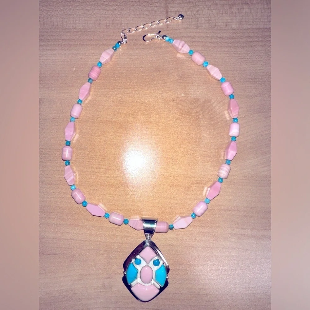 Turquoise and pink beaded necklace with gorgeous pendant! By Jay King - Picture 4 of 11